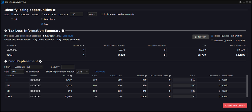 Tax Loss Harvesting Tool Interface